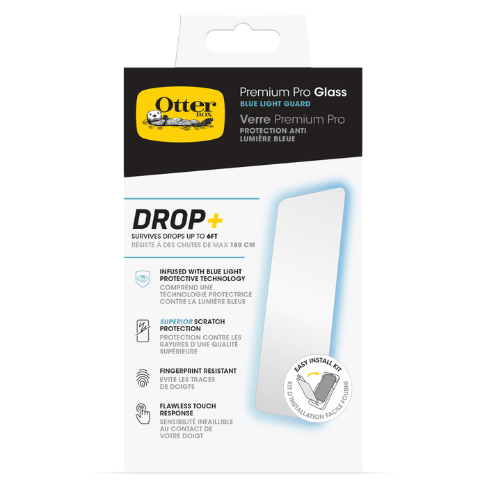 OtterBox Premium Pro Glass Antimicrobial Blue Light Screen Protector for Apple iPhone 15 Pro Max Clear