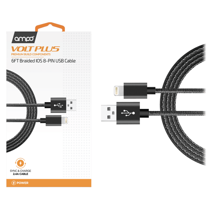 AMPD Volt Plus USB A to Apple Lightning Braided Cable 6ft Black