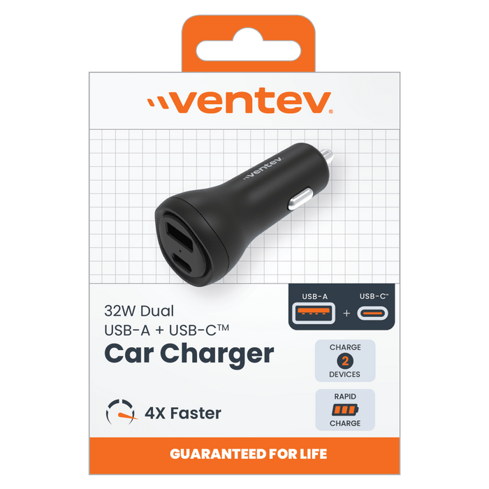 Ventev ULTRAFAST 32W Dual USB C and USB A Port Car Charger Black