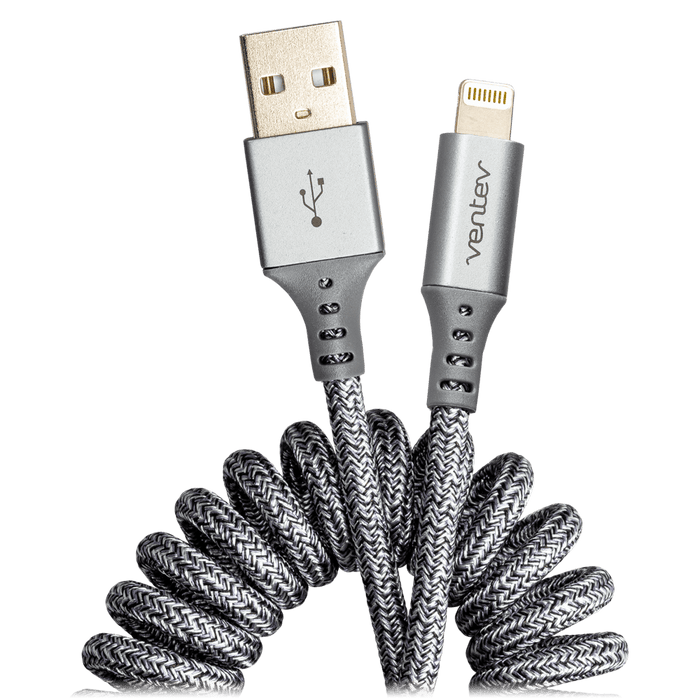 Ventev chargesync helix coiled USB A to Apple Lightning Cable Heather Gray