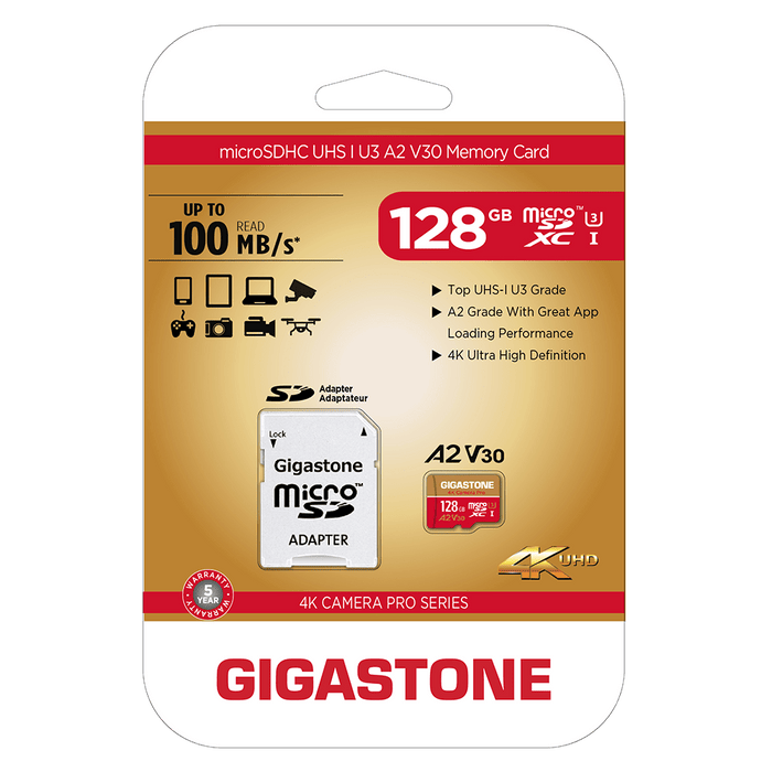 Gigastone MicroSD A2 V30 Memory Card 128GB Red and Gold