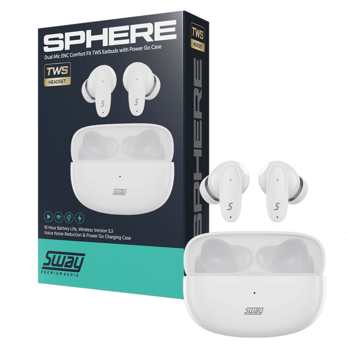 Sway Dual Microphone ENC Comfort Fit True Wireless Headphones with Power Go Charging Case White