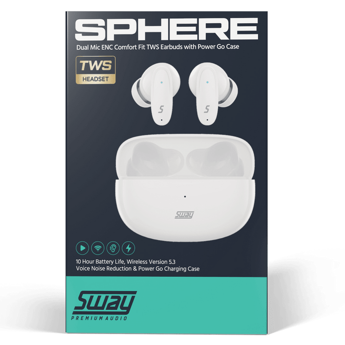 Sway Dual Microphone ENC Comfort Fit True Wireless Headphones with Power Go Charging Case White