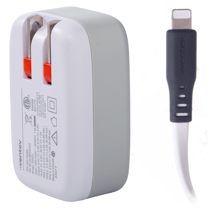 Ventev 30W Wall Charger and USB C to Apple Lightning Cable White