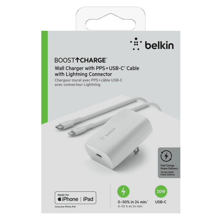 Belkin USB C PPS Wall Charger 30W with Type C to Lighting Cable 1m White