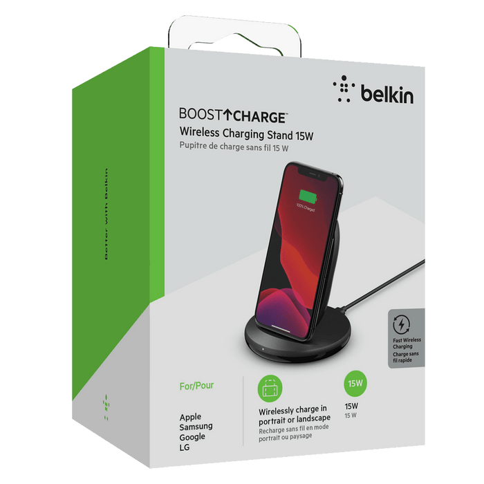 Belkin Boost Charge Wireless Charging Stand 15W and QC 3.0 Wall Charger 24W Black