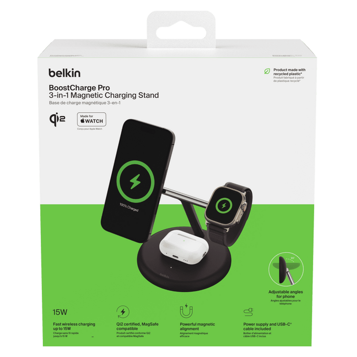 Belkin Boost Charge Pro 3 in 1 Wireless Charging Stand with Qi2 Black