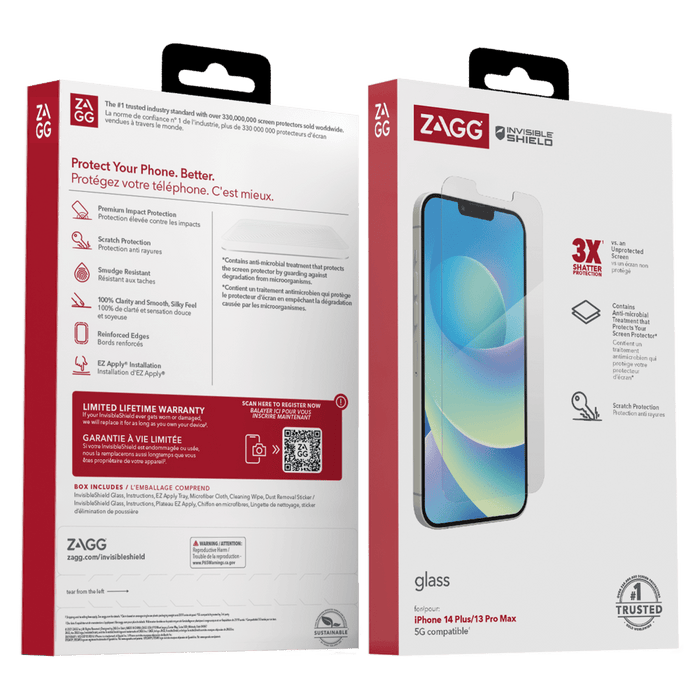 ZAGG InvisibleShield Antimicrobial Glass Screen Protector for Apple iPhone 14 Plus / 13 Pro Max Clear