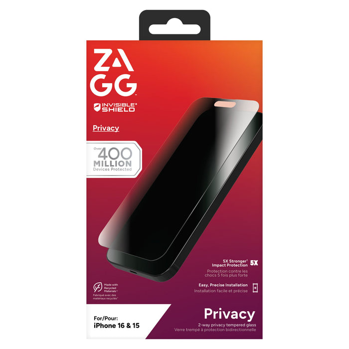 ZAGG Invisible Shield Glass Elite Privacy Screen Protector for Apple iPhone 16 / iPhone 15 Clear