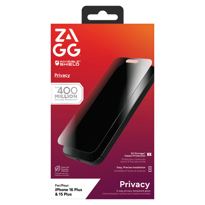 ZAGG Invisible Shield Glass Elite Privacy Screen Protector for Apple iPhone 16 Plus / iPhone 15 Plus