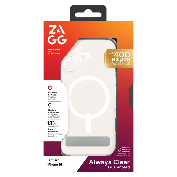 ZAGG Crystal Palace Snap MagSafe Case with Kickstand for Apple iPhone 16 Clear