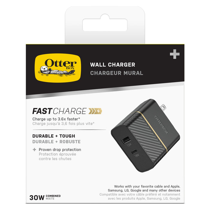 OtterBox Fast Charge PD USB C and USB A Dual Port Wall Charger 30W Black