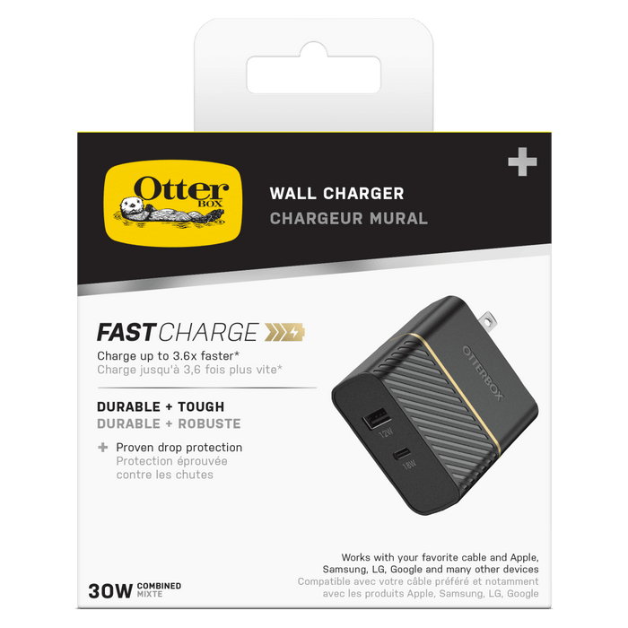 OtterBox Fast Charge PD USB C and USB A Dual Port Wall Charger 30W Black Shimmer