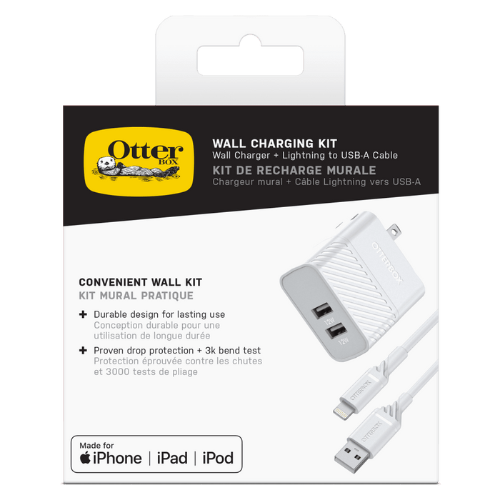 Dual USB A Port 24W Wall Charger and USB A to Apple Lightning Cable 1m