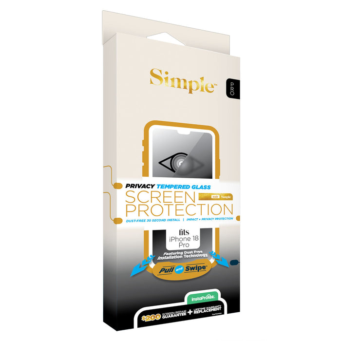 Simple Privacy Tempered Glass Privacy Screen Protector 200 Coverage for Apple iPhone 18 Pro