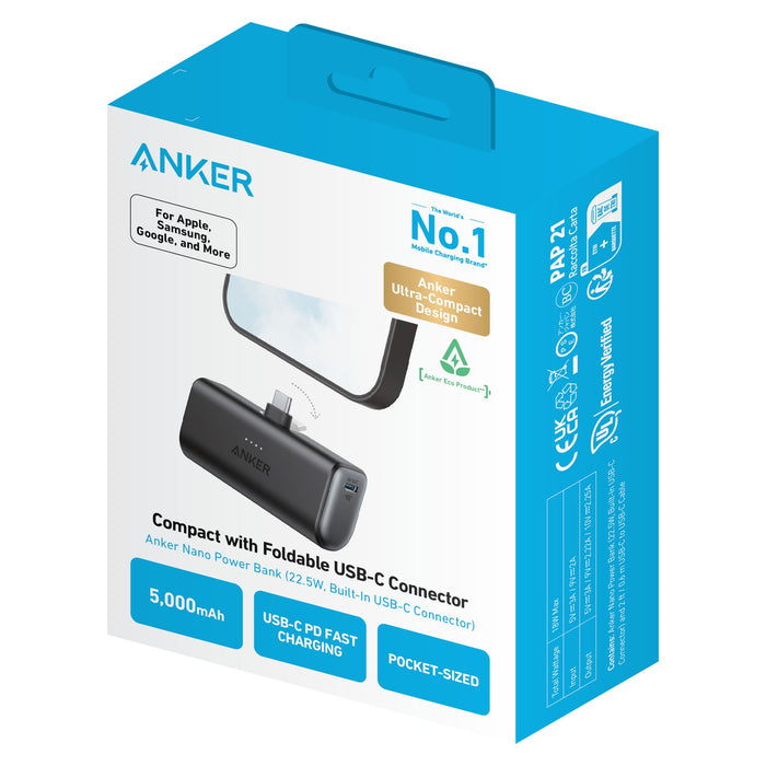 Anker Nano Power Bank with Built-in Foldable USB-C Connector Black