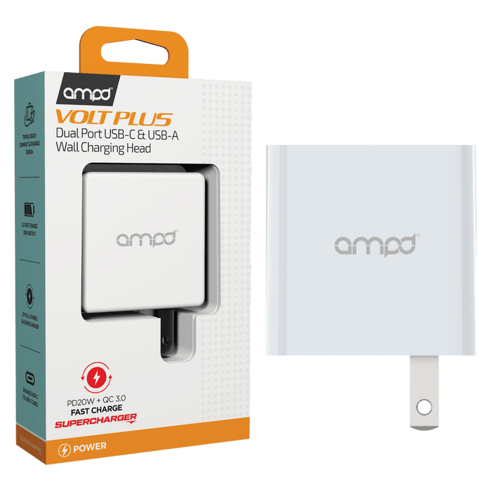 AMPD PD Fast 20W USB C and USB A Dual Port Wall Charger White