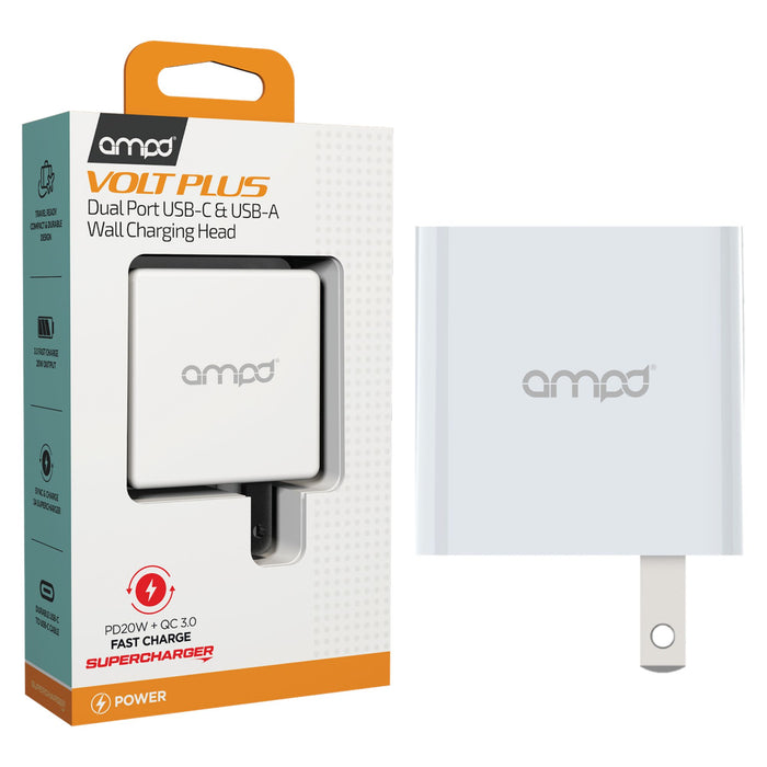 AMPD PD Fast 20W USB-C and USB A Dual Port Wall Charger White