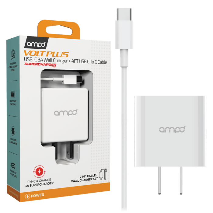 AMPD PD Fast 20W USB C Wall Charger with USB C to USB C Cable 4ft White