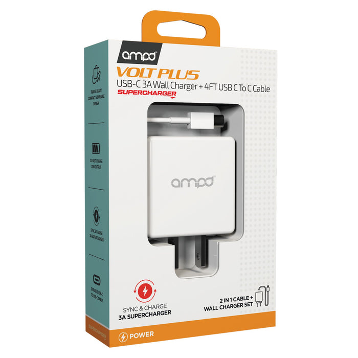 AMPD PD Fast 20W USB-C Wall Charger with USB-C to USB-C Cable 4ft Black