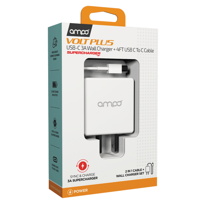 AMPD PD Fast 20W USB C Wall Charger with USB C to USB C Cable 4ft White