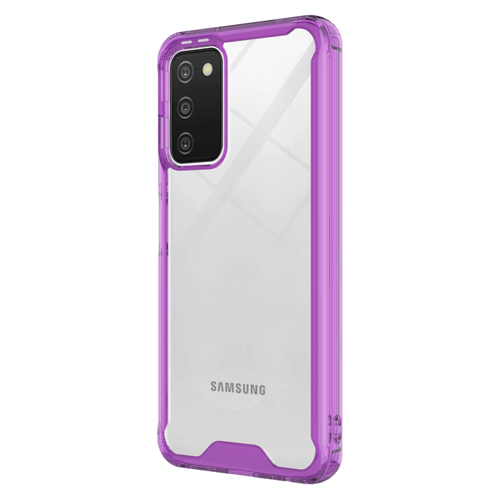 AMPD TPU / Acrylic Hard Shell Case with Colored Bumper for Samsung Galaxy A03s Clear and Purple