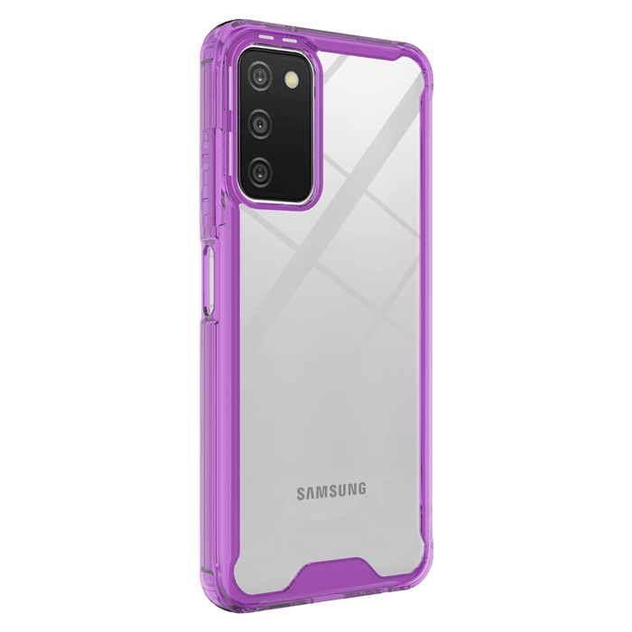AMPD TPU / Acrylic Hard Shell Case with Colored Bumper for Samsung Galaxy A03s Clear and Purple