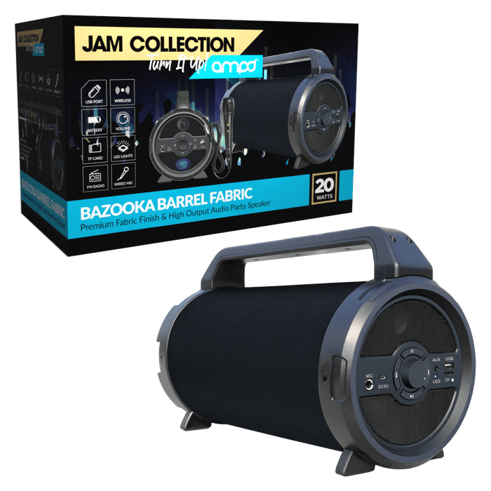AMPD Bazooka Barrel Fabric Bluetooth Speaker with Microphone Black