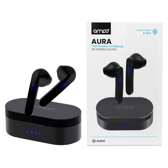 AMPD True Wireless In Ear Headphones with Smart Touch Controls and Charging Pack Black