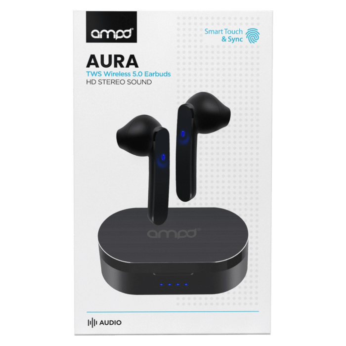 AMPD True Wireless In Ear Headphones with Smart Touch Controls and Charging Pack Black