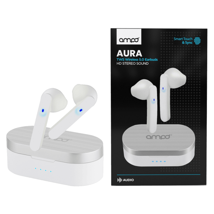 AMPD True Wireless In Ear Headphones with Smart Touch Controls and Charging Pack White