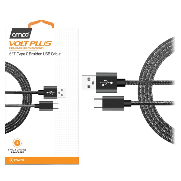AMPD Volt Plus USB A to Type C Braided Cable 6ft Black