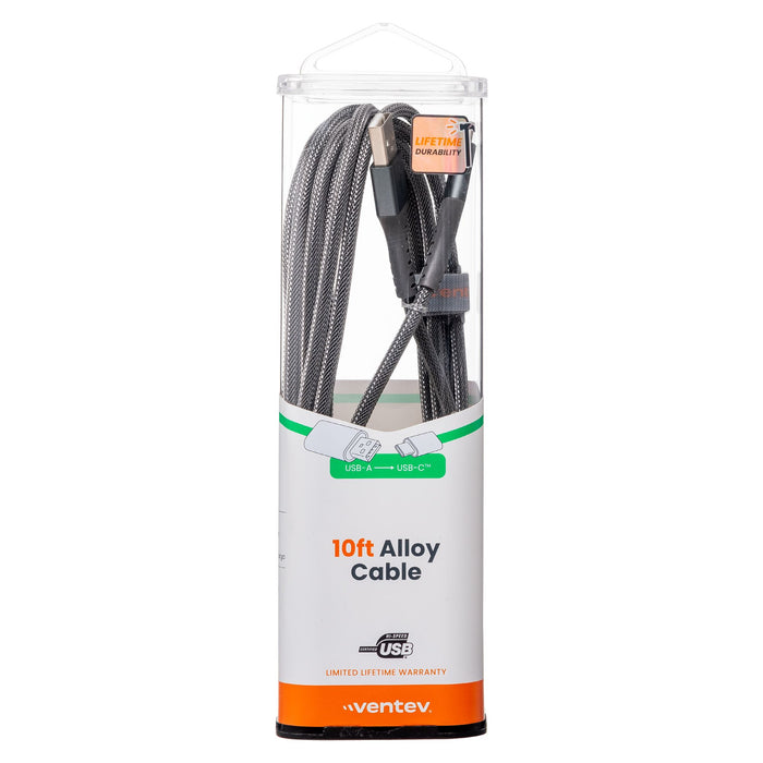 Ventev Alloy USB-A to USB-C High Speed Ultradurable 10 Foot Cable Silver