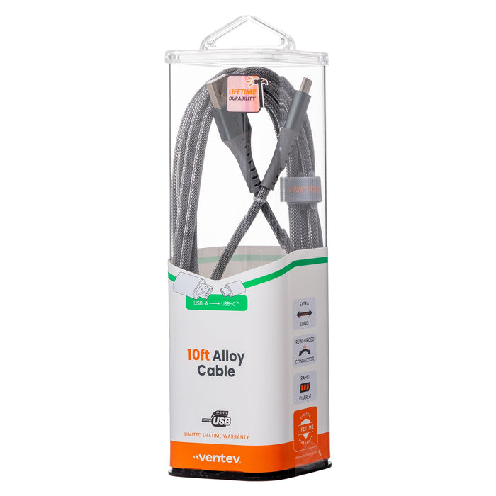 Ventev Alloy USB-A to USB-C High Speed Ultradurable 10 Foot Cable Silver