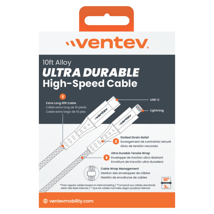 Ventev Alloy USB-C to Apple Lightning High Speed Ultra Durable 10 Foot Cable Gray