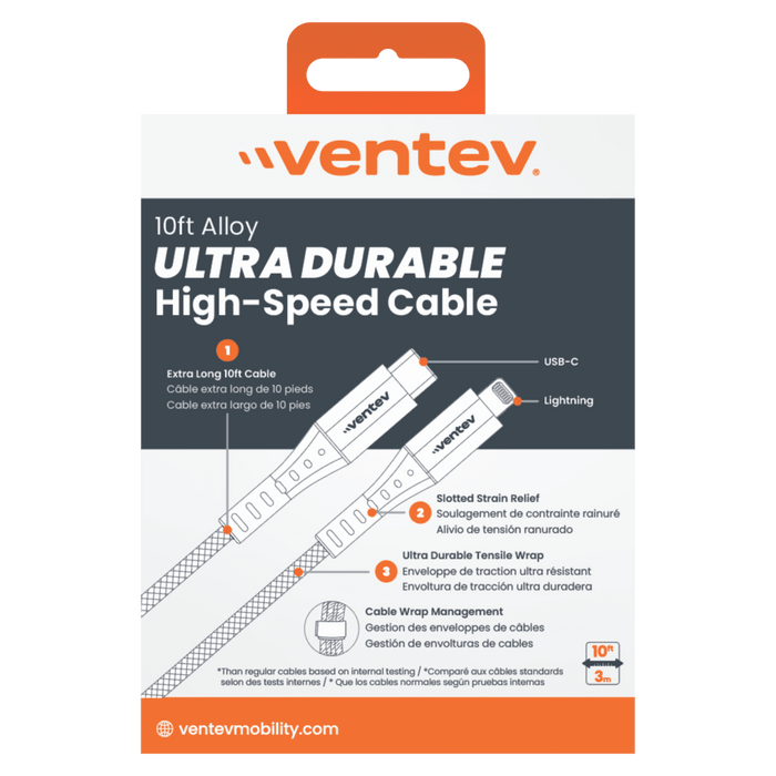 Ventev Alloy USB C to Apple Lightning High Speed Ultradurable 10 Foot Cable Gray