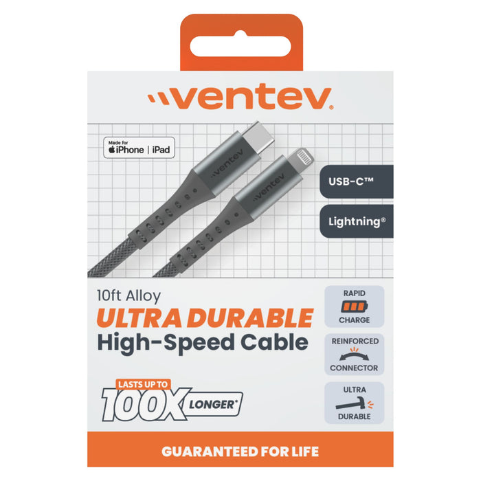Ventev Alloy USB-C to Apple Lightning High Speed Ultra Durable 10 Foot Cable Gray