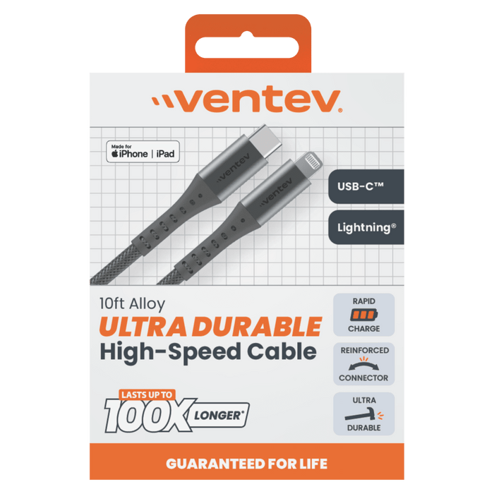 Ventev Alloy USB C to Apple Lightning High Speed Ultradurable 10 Foot Cable Gray