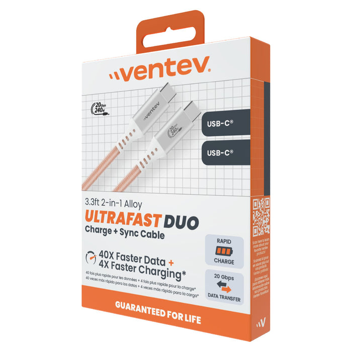 Ventev ULTRAFAST Duo USB-C to USB-C 2-in-1 High Speed & Data Transfer Ultra Durable 3 Foot Cable White
