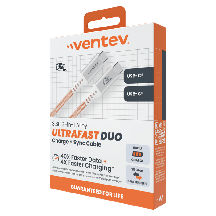 Ventev ULTRAFAST Duo USB C to USB C 2 in 1 High Speed & Data Transfer Ultradurable 3 Foot Cable White