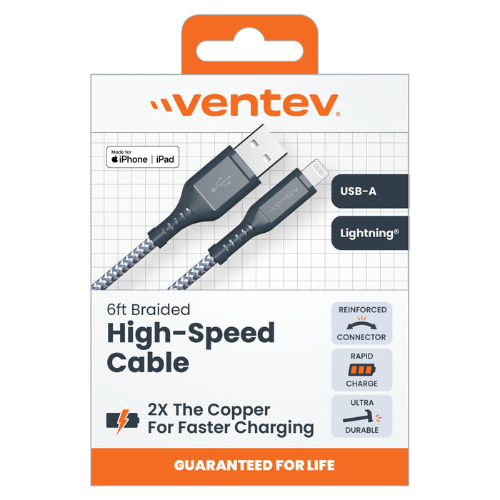 Ventev Braided USB-A to Apple Lightning High Speed 6 Foot Cable Gray