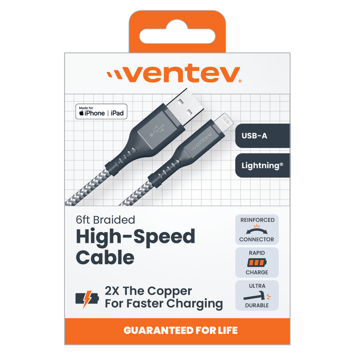 Ventev High Speed USB A to Apple Lightning Braided Cable with 2x the Copper for Faster Charging 6ft Gray