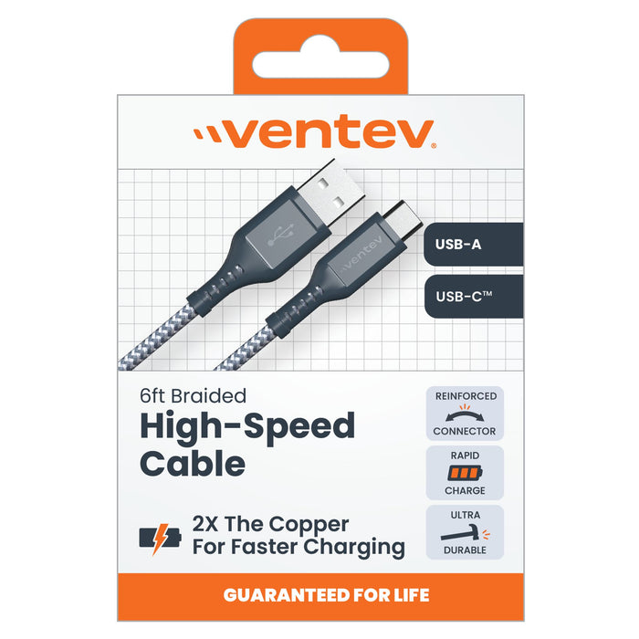 Ventev Braided USB-A to USB-C High Speed 6 Foot Cable Gray