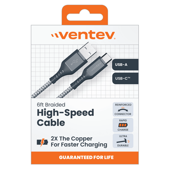 Ventev High Speed USB A to USB C Braided Cable with 2x the Copper for Faster Charging 6ft Gray