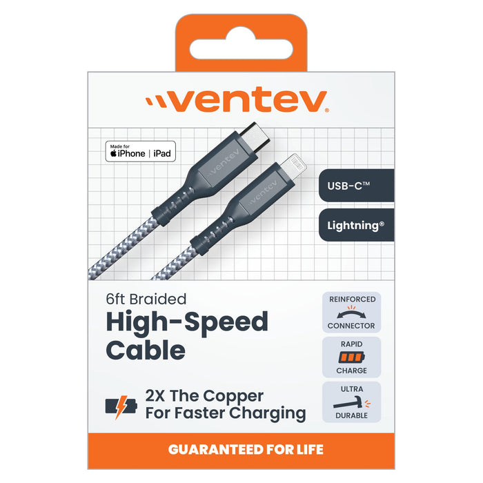 Ventev Braided USB-C to Apple Lightning High Speed 6 Foot Cable Gray