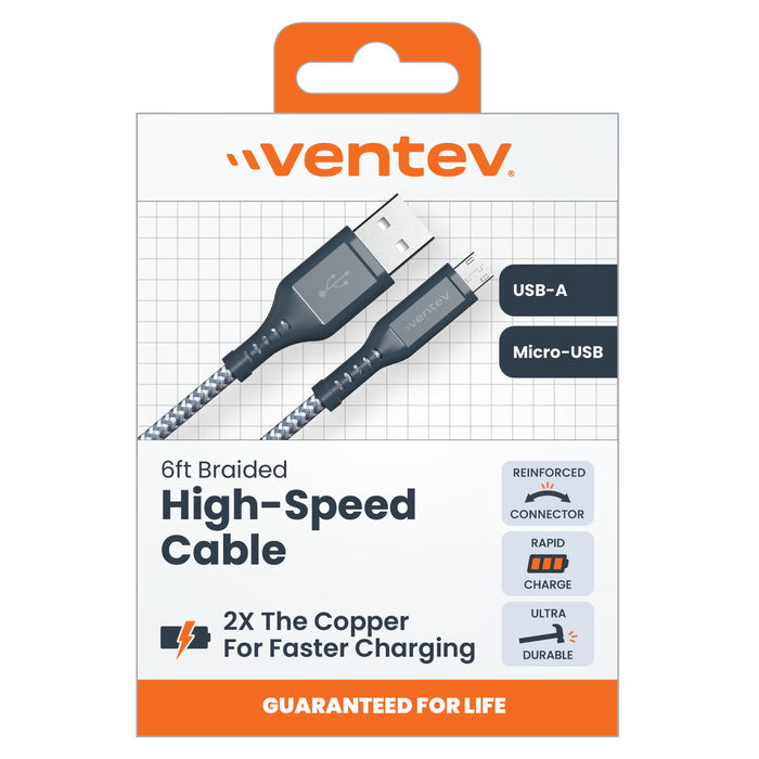 Ventev Braided USB-A to Micro USB High Speed 6 Foot Cable Gray