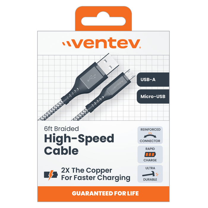 Ventev High Speed USB A to Micro USB Braided Cable with 2x the Copper for Faster Charging 6ft Gray