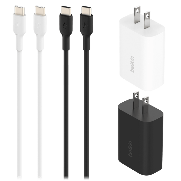 Belkin 2 25W USB C PD Wall Chargers with 2 USB C Cables 1m (4 Pack Bundle) Black and White