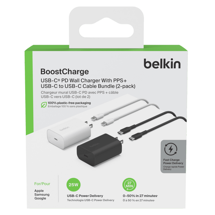 Belkin 2 25W USB C PD Wall Chargers with 2 USB C Cables 1m (4 Pack Bundle) Black and White
