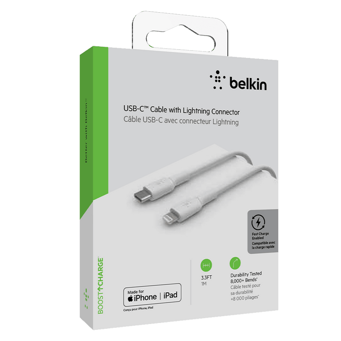 Belkin Boost Up Charge USB C to Apple Lightning Cable 3ft White